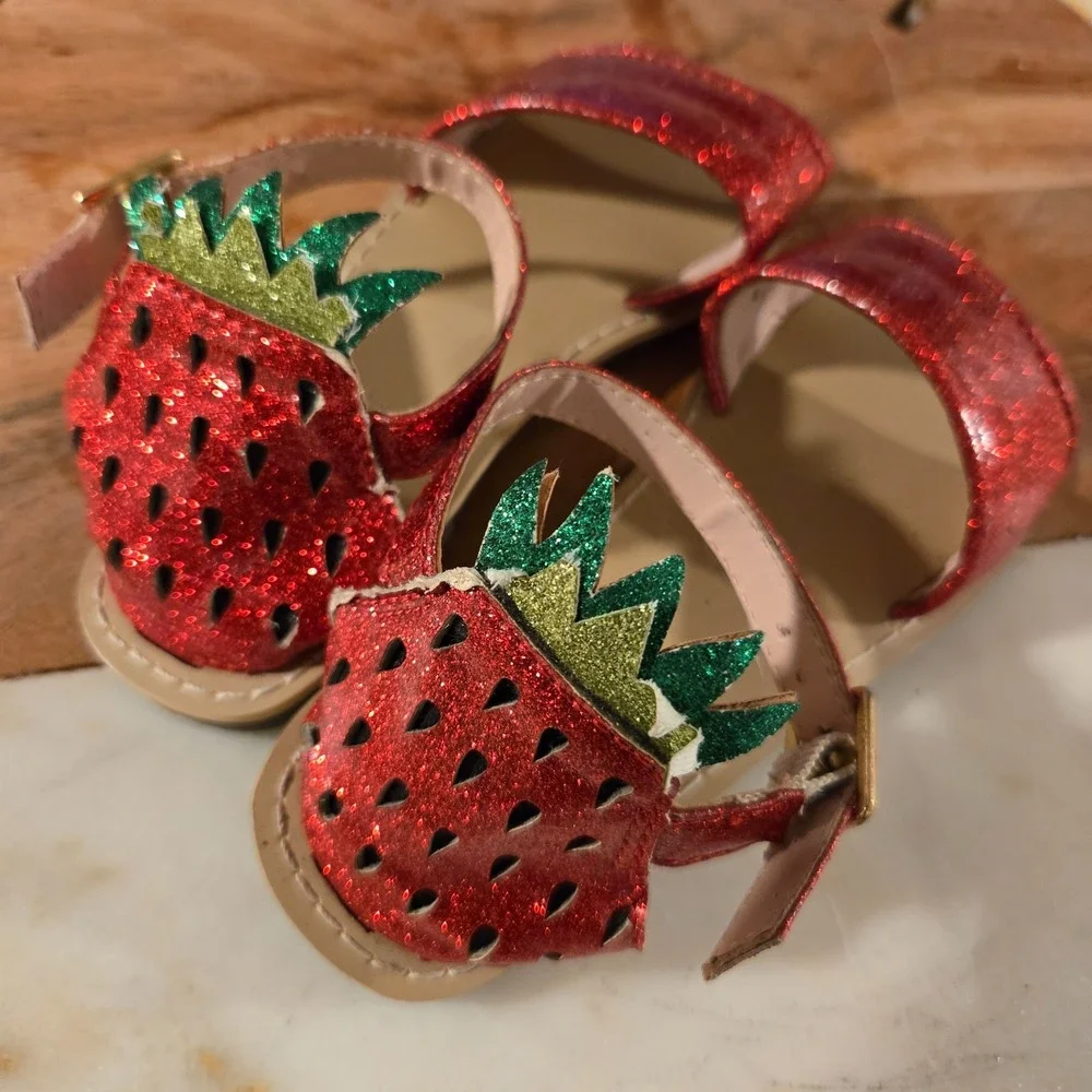 Crewcuts J Crew Girls Red Glitter Strawberry Sandals Ankle‎ Strap Shoes